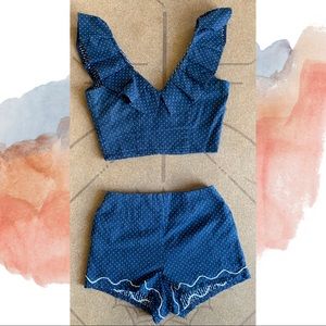 Crop top, high waist denim set, embroidered